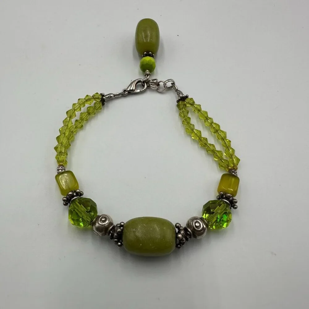 Artisan Bracelet Sterling Silver Beads Clasp Green Glass Dyed Stone Olive Tone